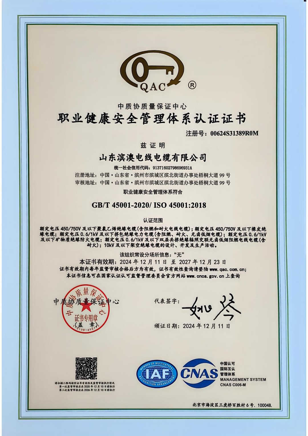 職業(yè)健康安全管理體系認(rèn)證證書